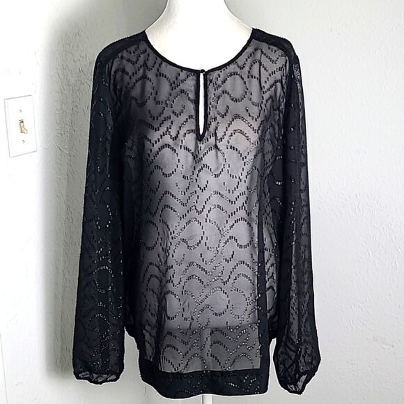 The Limited Sheer Black Top with Sequin Fringe Designs, Size XL - Picture 1 of 10
